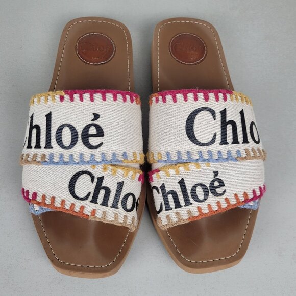 Chloe Woody Sandals Slides Flats Logo Multicolor Stitch Size 38 US size 8 - Picture 1 of 14